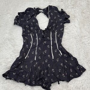 Urban Outfitters Black Floral Romper with Lace Trim